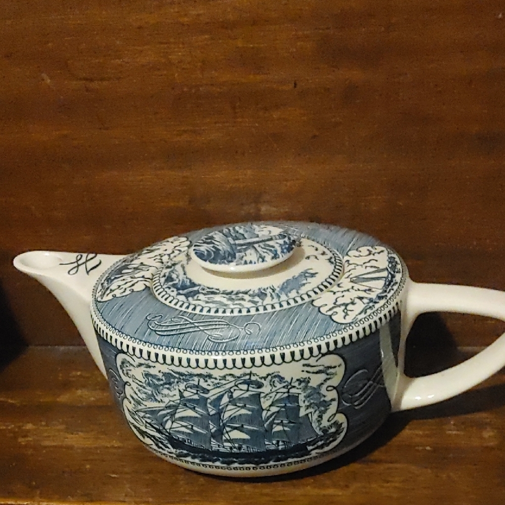 Currier & Ives Blue and White Teapot